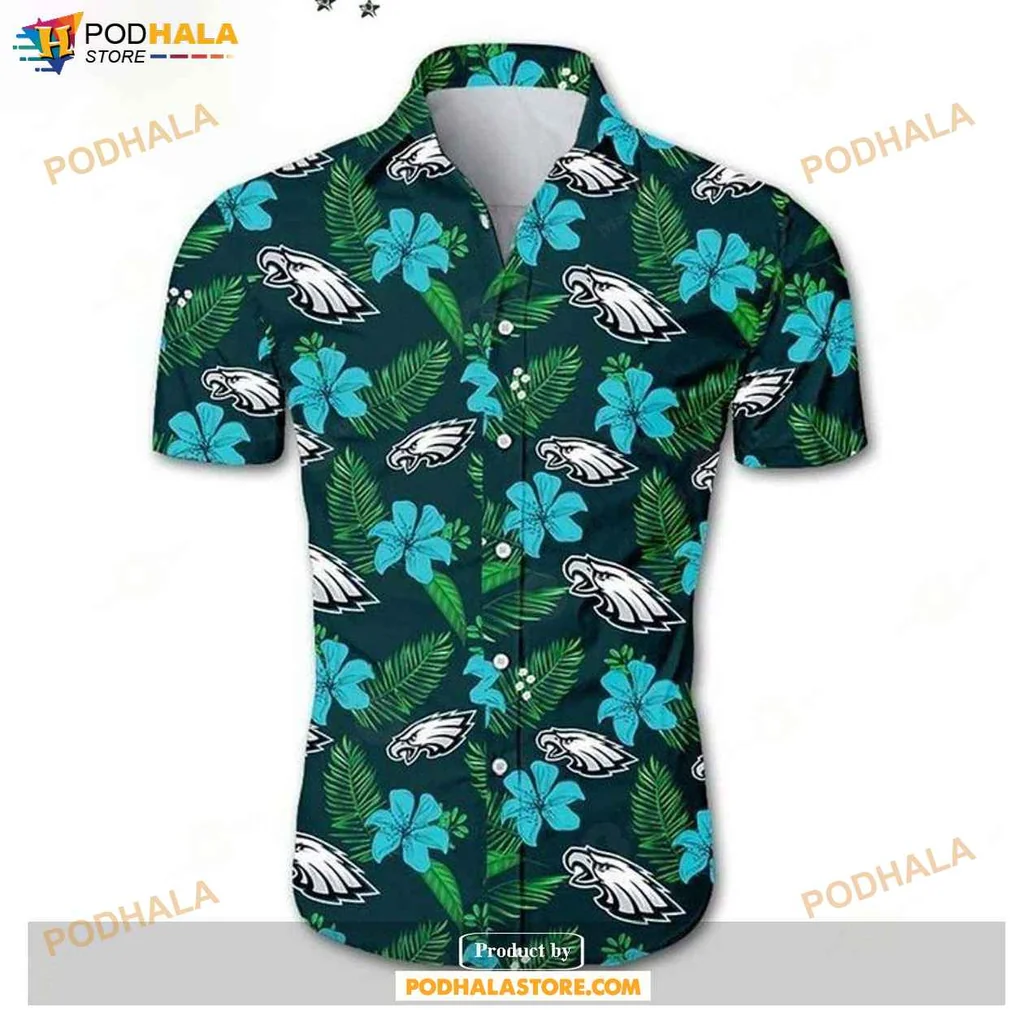 Teal Philadelphia Eagles Hawaiian Shirt With Tropical Floral Design And Palm Leaves