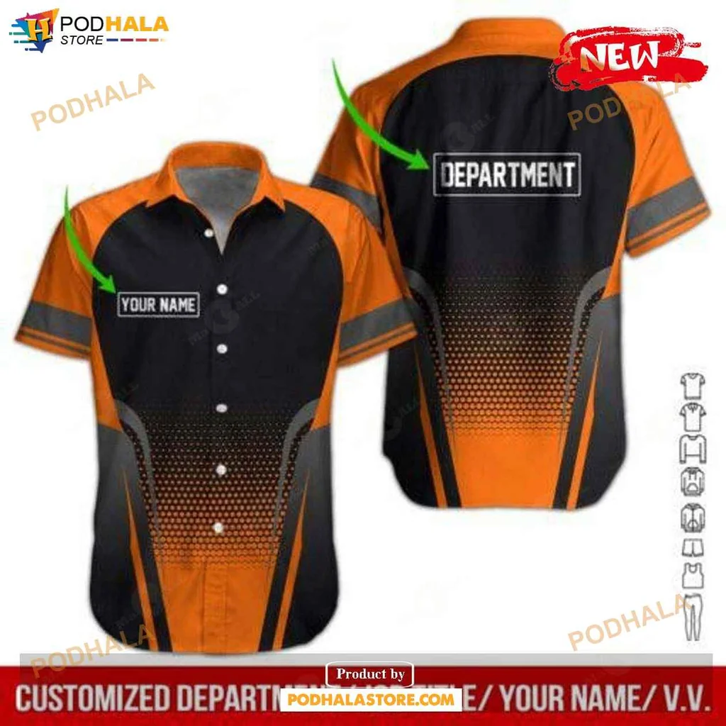 Team Spirit Workwear Hawaiian Shirt, Personalized Orange And Black Design For Summer
