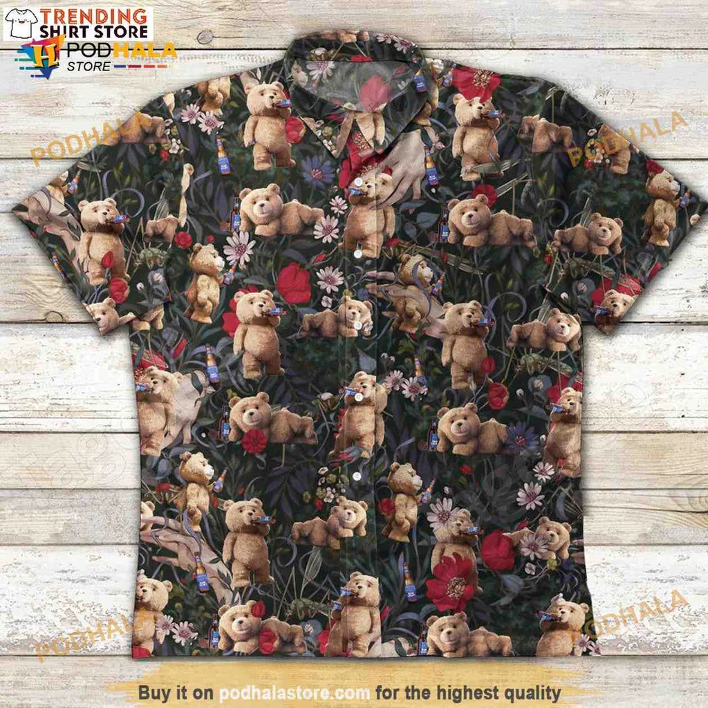 Teddy Bear Flowers Hawaiian Shirt, Funny Cartoon Design For Casual Wear
