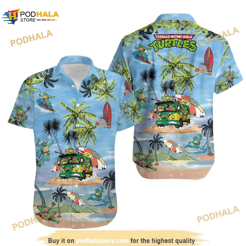 Teenage Mutant Ninja Turtles Beach Shirt With Surfboards And Palm Trees