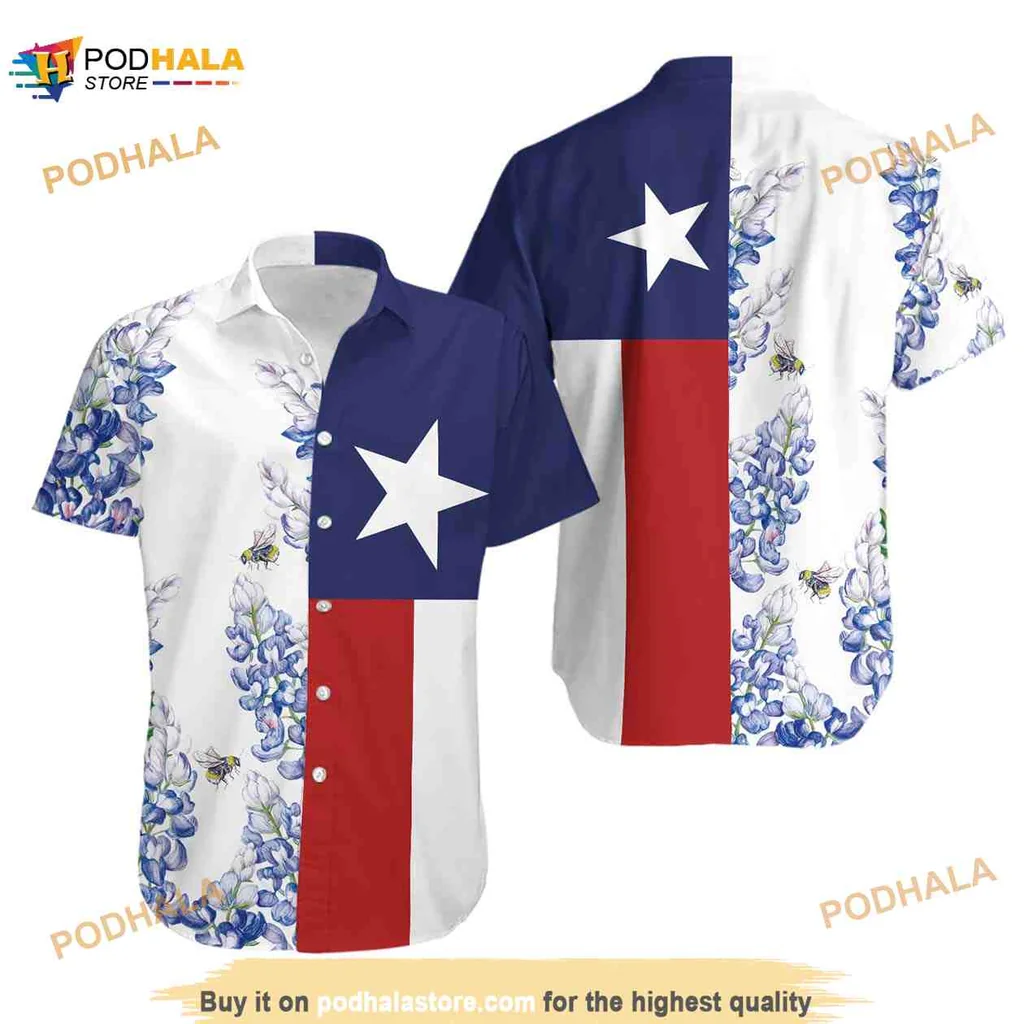 Texas Bluebonnet Hawaiian Shirt Featuring Texas Flag And Floral Design