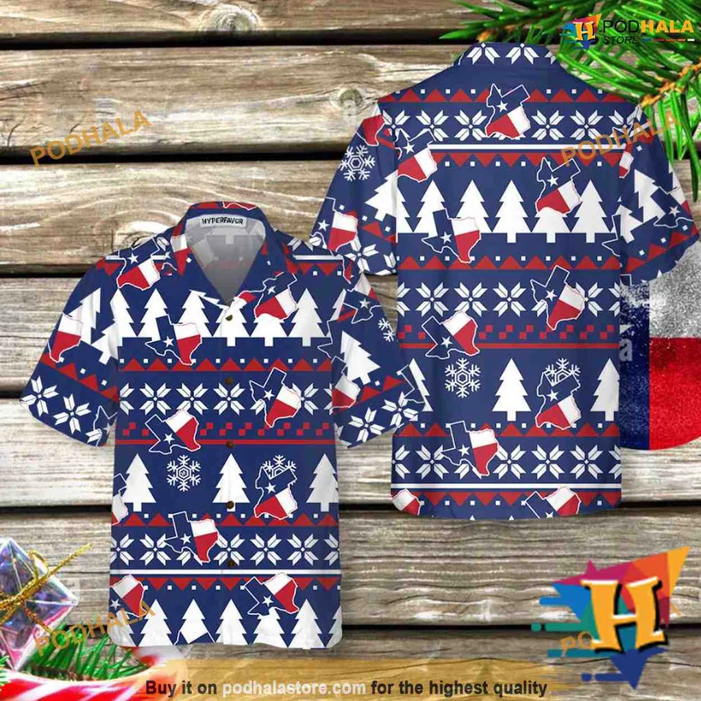 Texas Themed Christmas Aloha Shirt With Festive Motifs