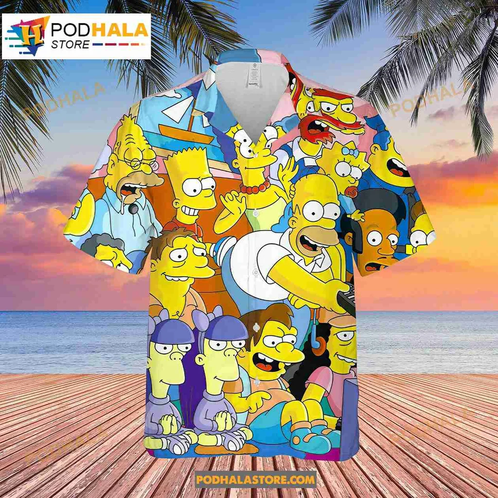 The Simpsons Cartoon Hawaiian Shirt Featuring Homer, Marge, Bart, And Lisa