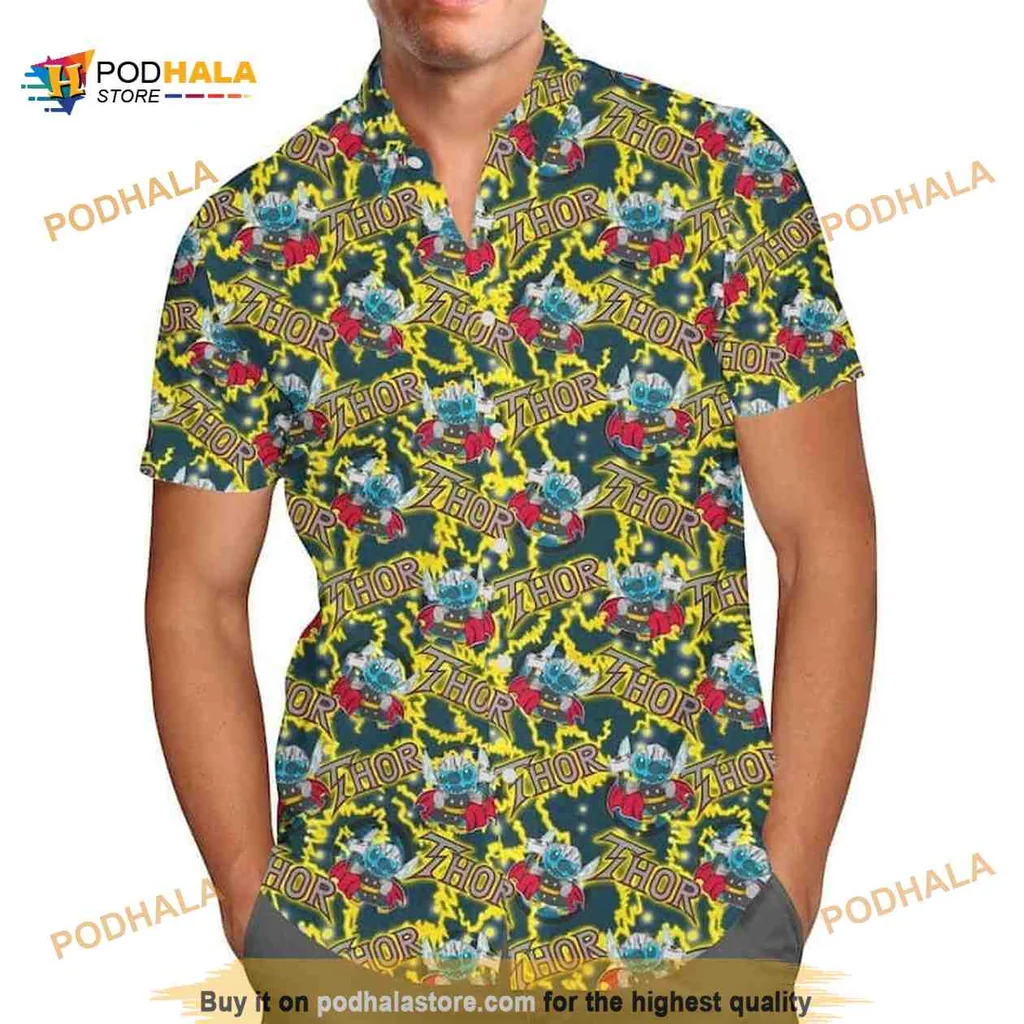 Thor Superhero Hawaiian Shirt With Cartoon Design And Mjolnir