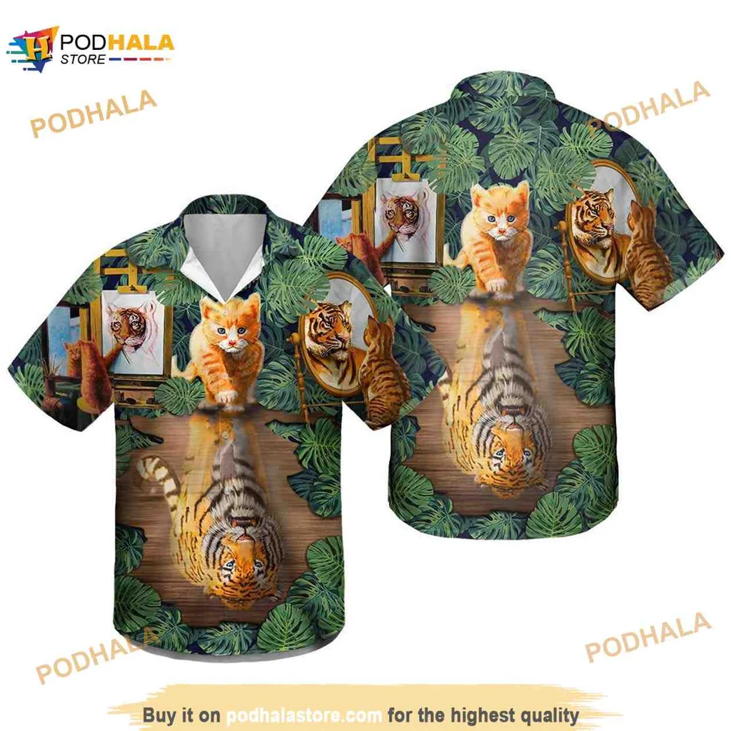 Tiger And Cat Tropical Hawaiian Shirt With Lush Green Leaves