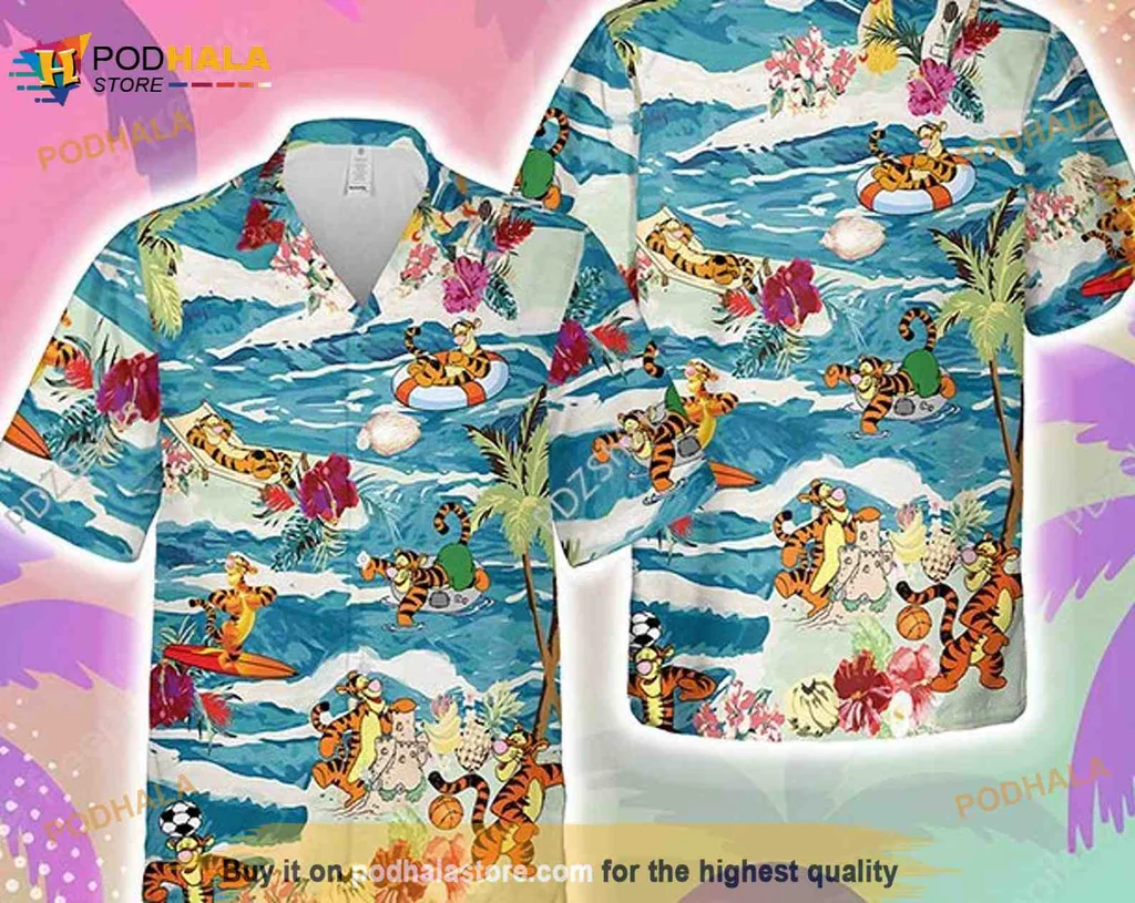 Tiger Beach Summer Hawaiian Shirt With Tropical Surfing Design