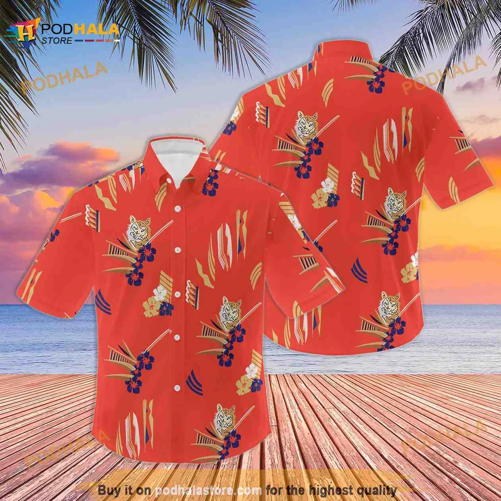 Tiger Head Tropical Hawaiian Shirt With Bold Red Background And Floral Motifs