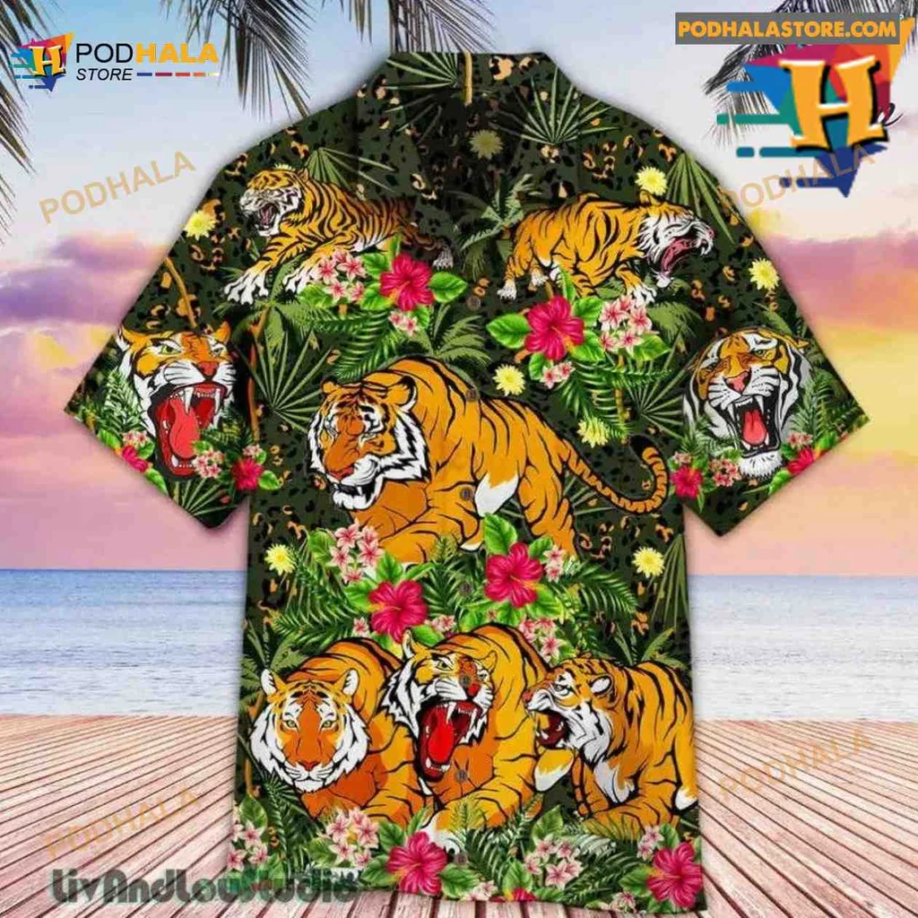 Tiger Tropical Aloha Shirt With Roaring Tigers And Tropical Leaves