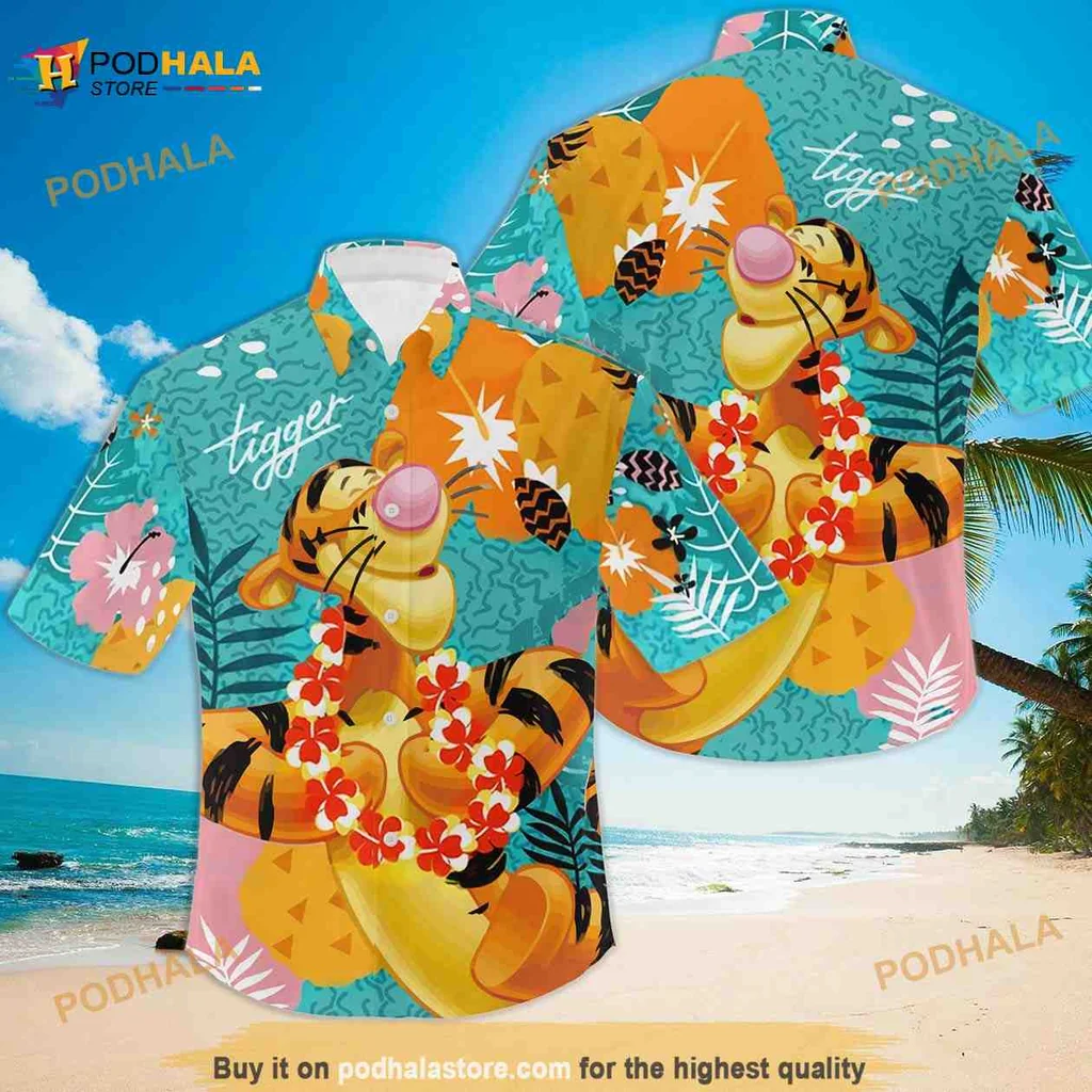Tigger Hawaiian Shirt Featuring Playful Disney Design With Tropical Vibe