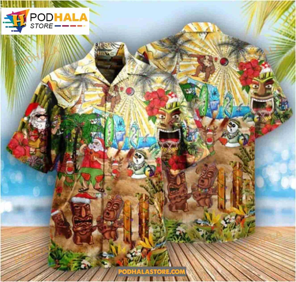 Tiki Christmas Hawaiian Shirt With Santa Hat And Tropical Decorations