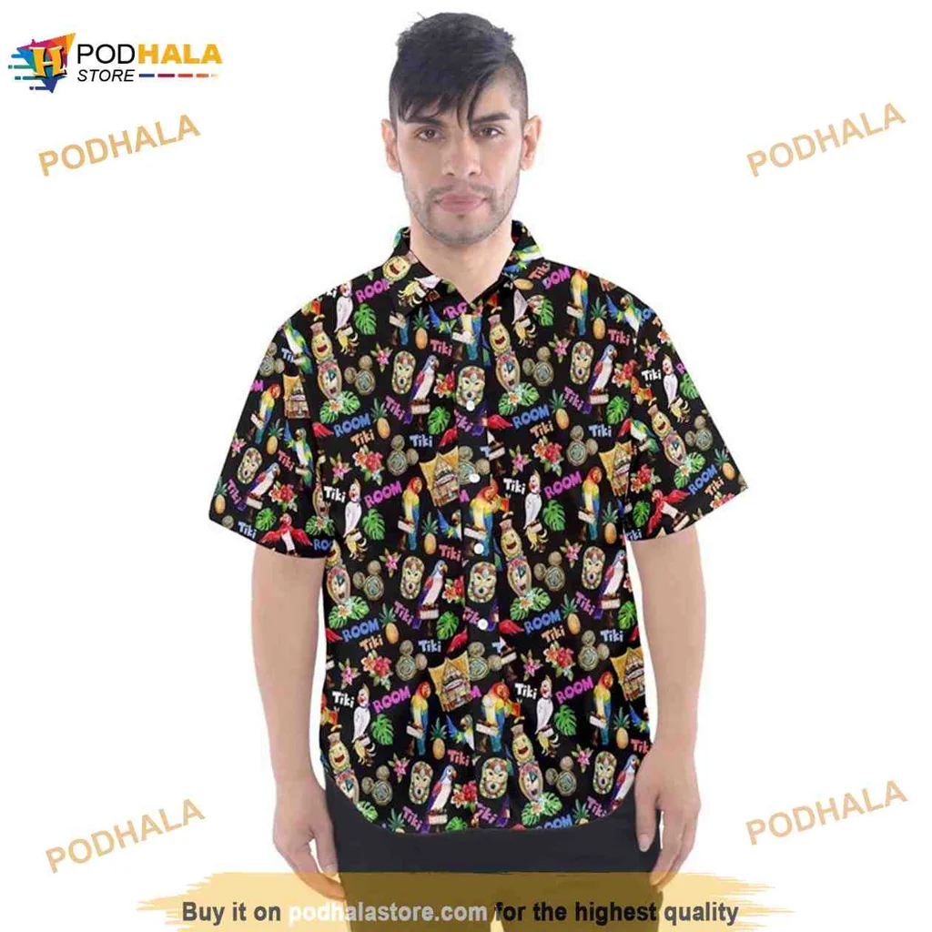 Tiki Inspired Hawaiian Shirt With Colorful Tropical Motifs