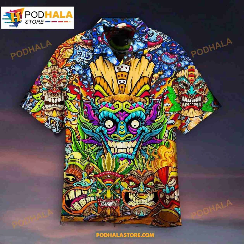 Tiki Mask Hawaiian Shirt With Colorful All Over Print