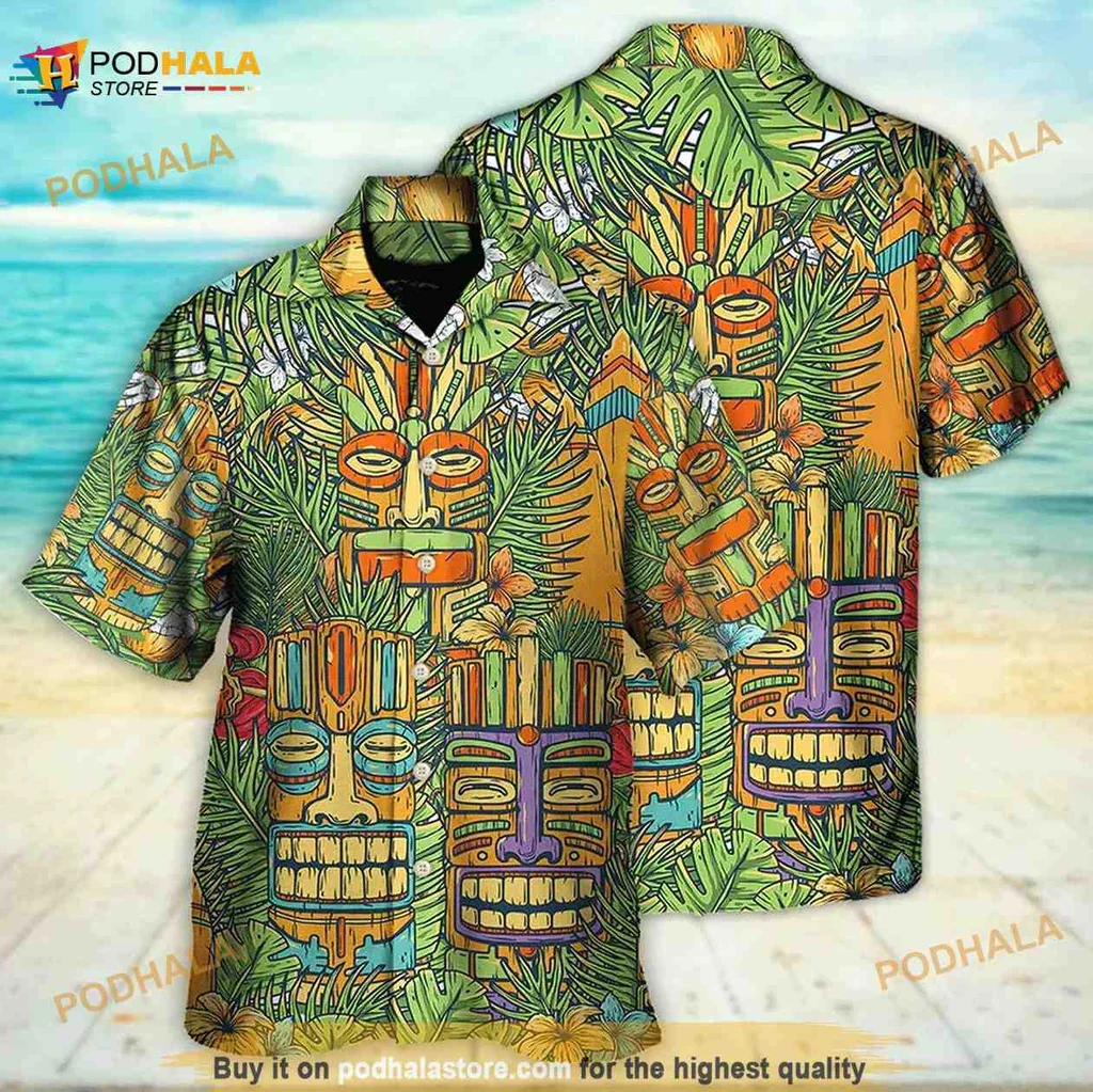 Tiki Mask Tropical Hawaiian Shirt With Colorful Design And Lush Foliage