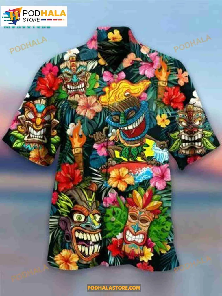 Tiki Mask Tropical Hawaiian Shirt With Hibiscus Flowers