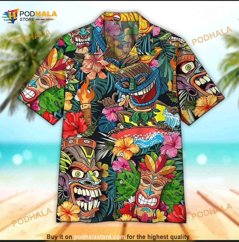 Tiki Tropical Aloha Hawaiian Shirt With Colorful Tiki Masks And Floral Design