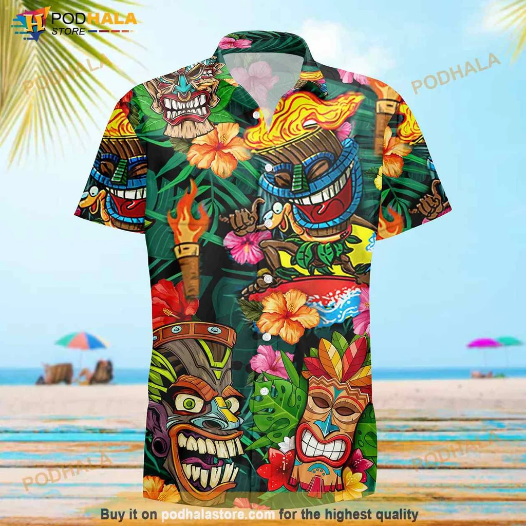 Tiki Tropical Aloha Shirt With Colorful Masks And Lush Foliage