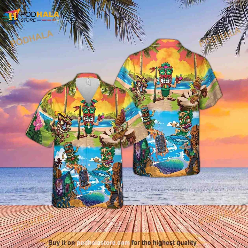 Tiki Tropical Hawaiian Shirt With Cartoon Tiki And Beach Scene