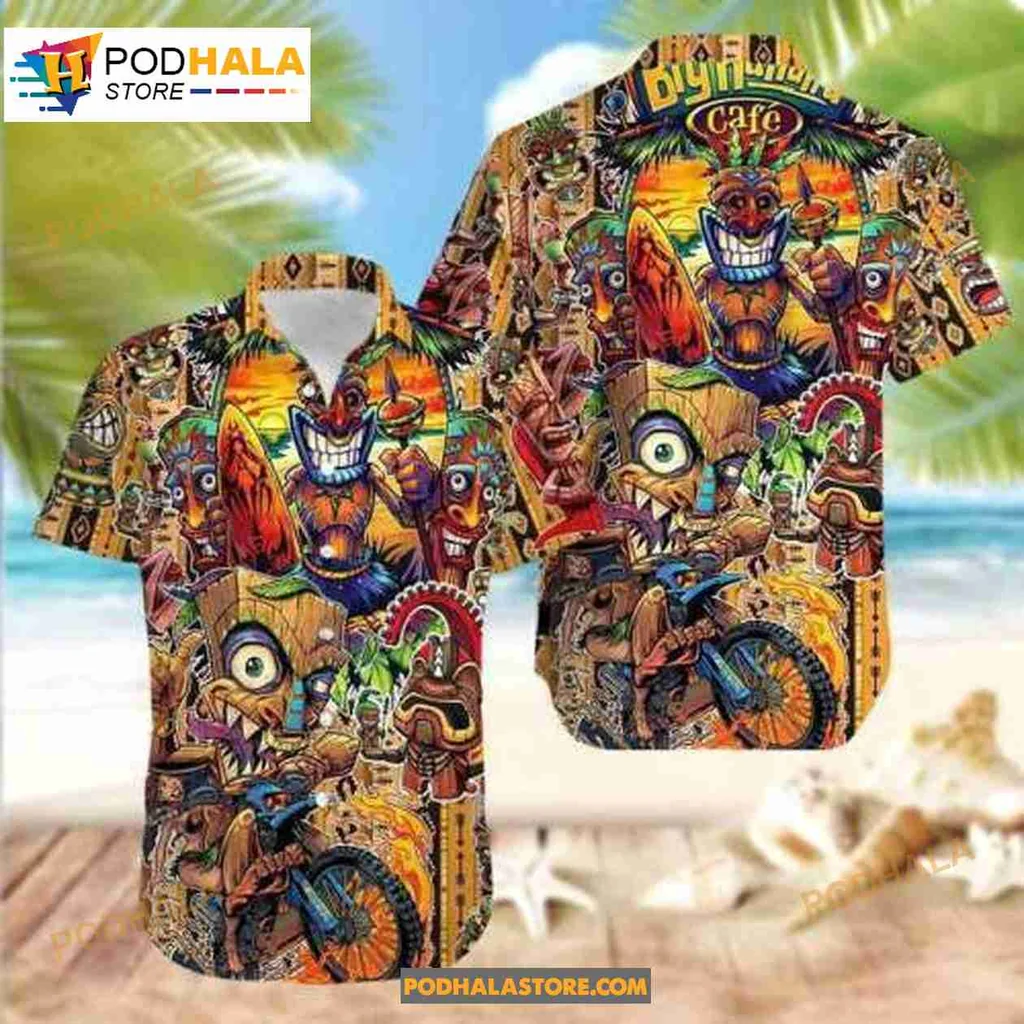 Tiki Tropical Hawaiian Shirt With Vibrant Tiki Motifs And Palm Trees