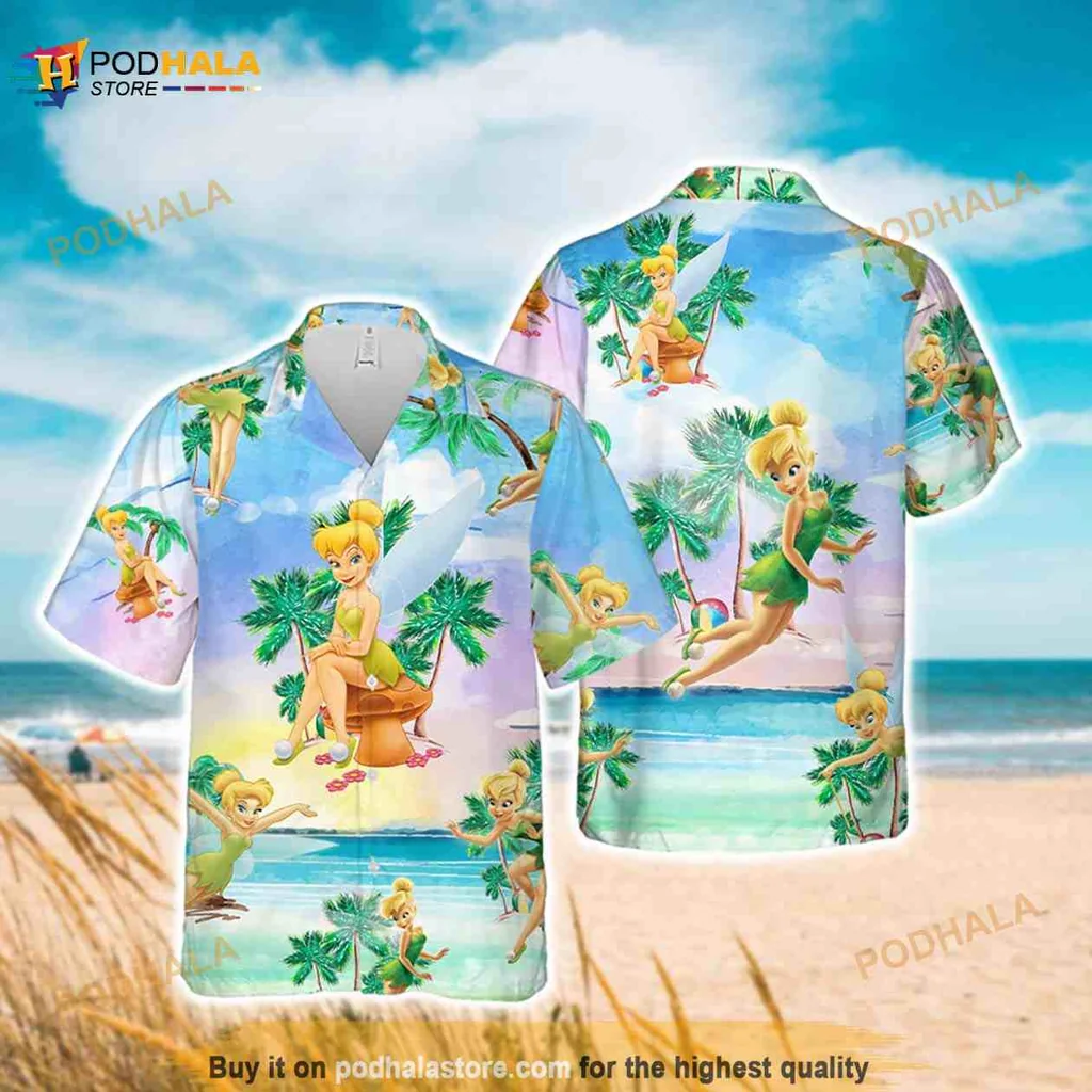 Tinker Bell Tropical Hawaiian Shirt, Playful Beach Design With Palm Trees