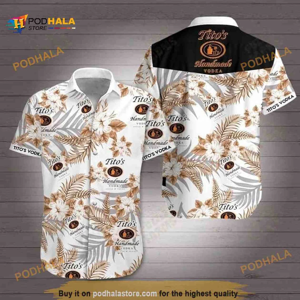 Titos Handmade Vodka Tropical Aloha Shirt With Vibrant Floral Design