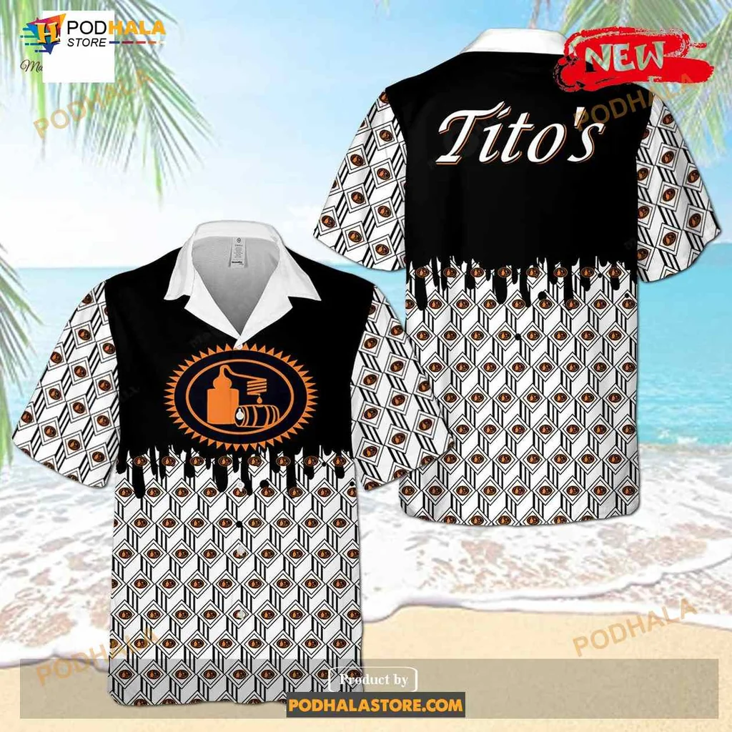 Titos Tropical Black Hawaiian Shirt With Cocktail Shaker Emblem