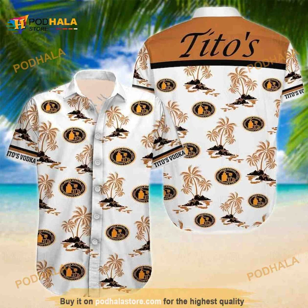 Titos Vodka Aloha Shirt With Tropical Design And Palm Trees