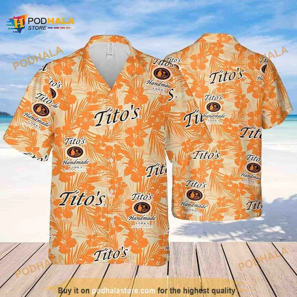 Titos Vodka Tropical Aloha Shirt With Vibrant Flower Pattern