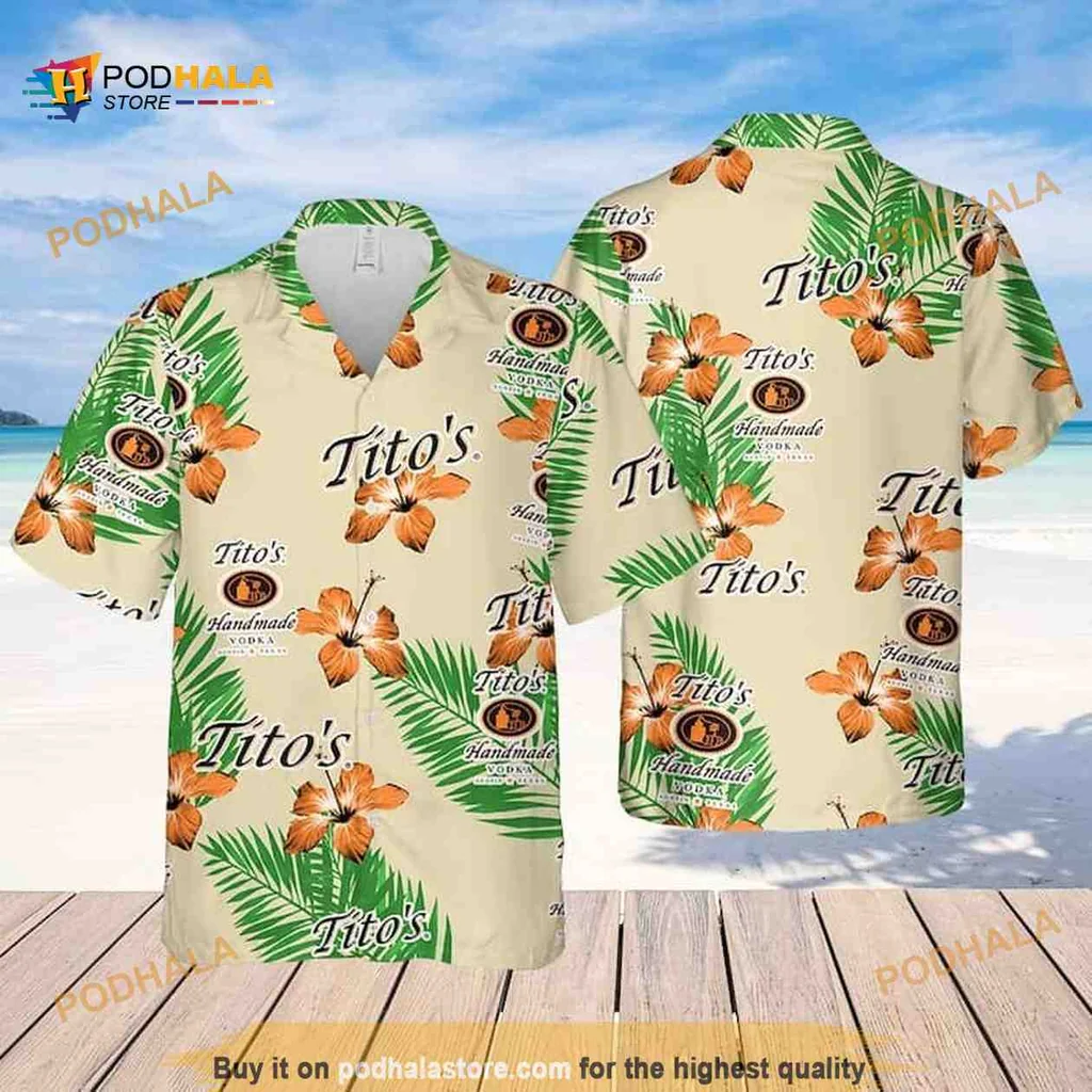 Titos Vodka Tropical Hawaiian Shirt With Hibiscus Flowers And Palm Leaves