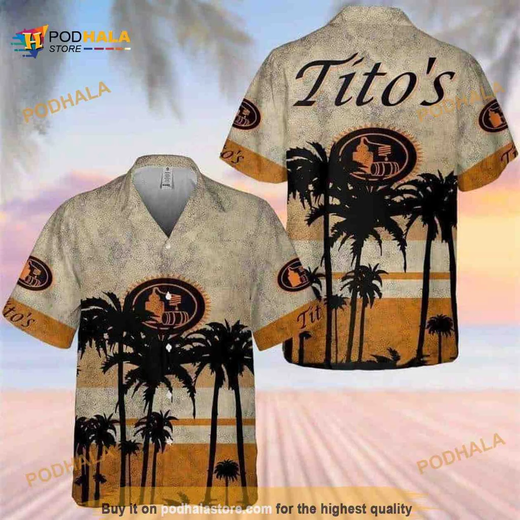 Titos Vodka Tropical Shirt With Palm Trees And Sunset Design