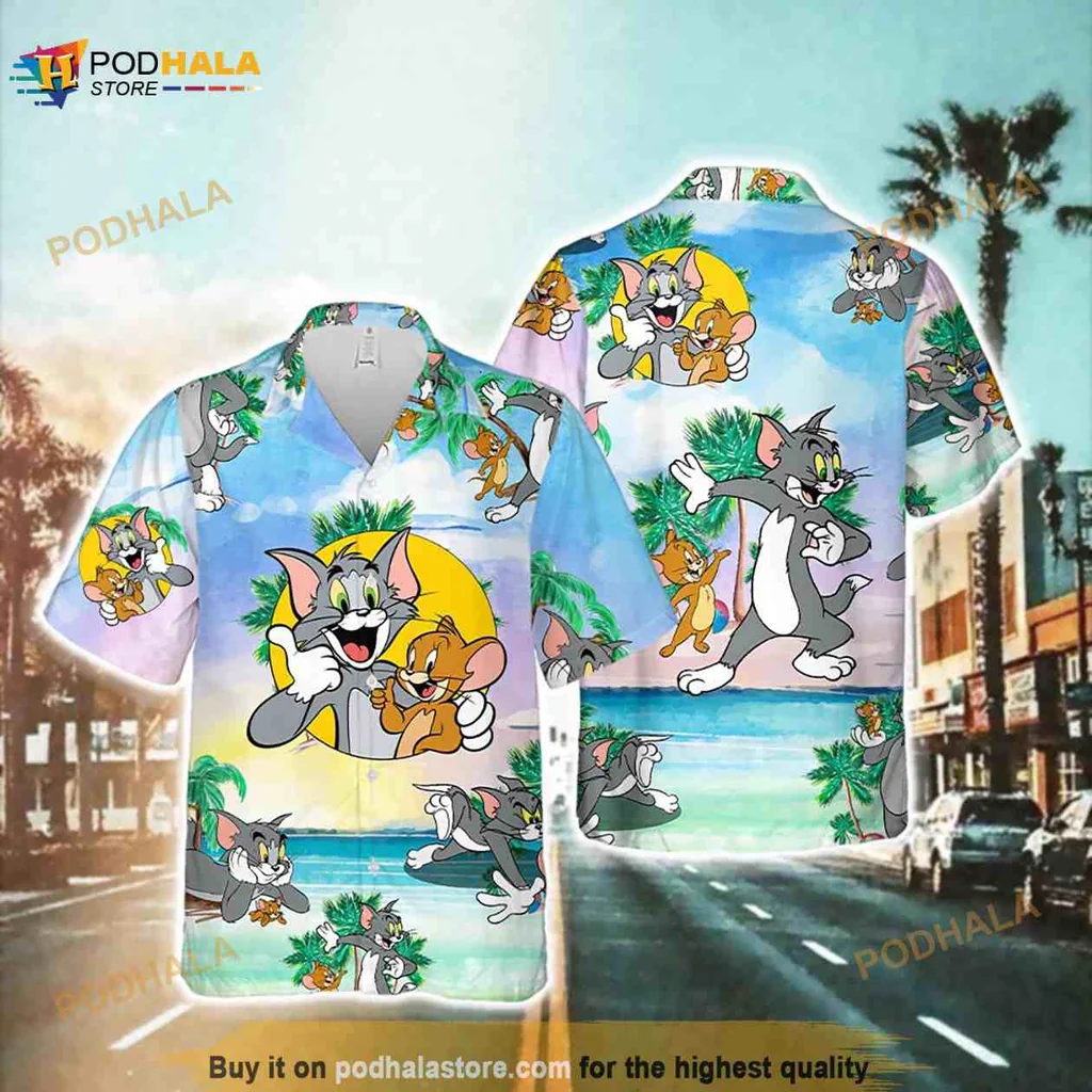 Tom And Jerry Hawaiian Shirt With Tropical Beach Scene