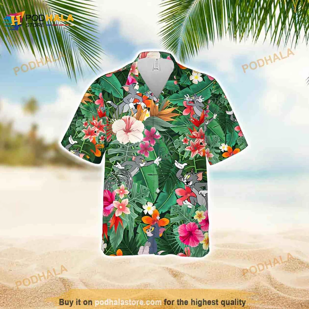Tom Cat Funny Hawaiian Shirt With Tropical Flowers And Cartoon Design