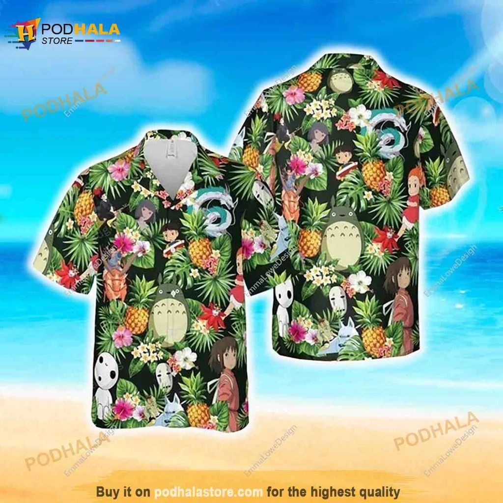 Totoro Tropical Hawaiian Shirt With Studio Ghibli Characters And Flowers