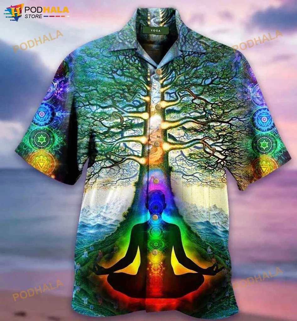 Tree Of Life Yoga Hawaiian Shirt, Meditating Figure And Colorful Mandalas