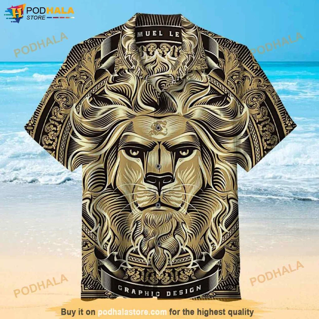 Tribal Lion Graphic Hawaiian Shirt, Majestic Gold And Black Design For Beachwear