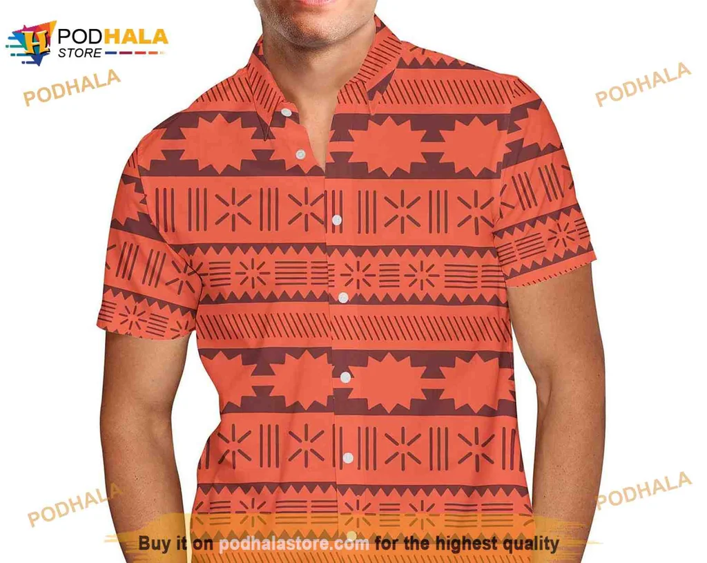 Tribal Print Hawaiian Shirt With Vibrant Orange Background And Geometric Patterns