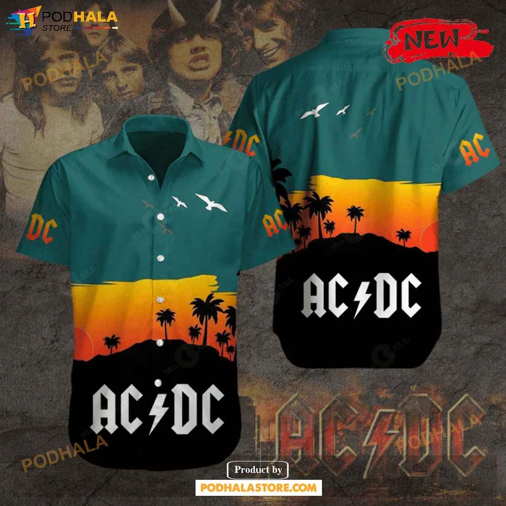 Tropical Acdc Aloha Shirt, Sunset Coconut Tree Design Rock Music Shirt