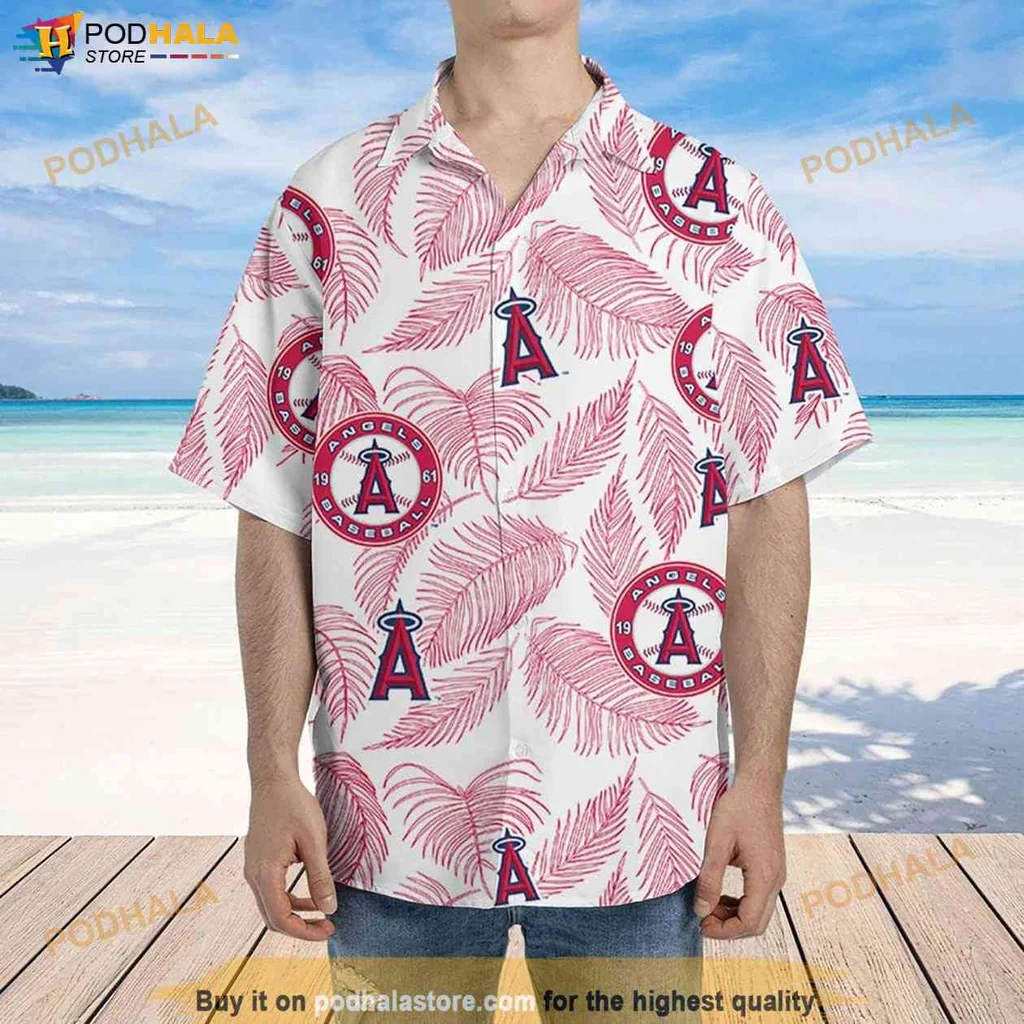 Tropical Angels Fan Aloha Shirt, Anaheim Angels Palm Leaves Seamless Design