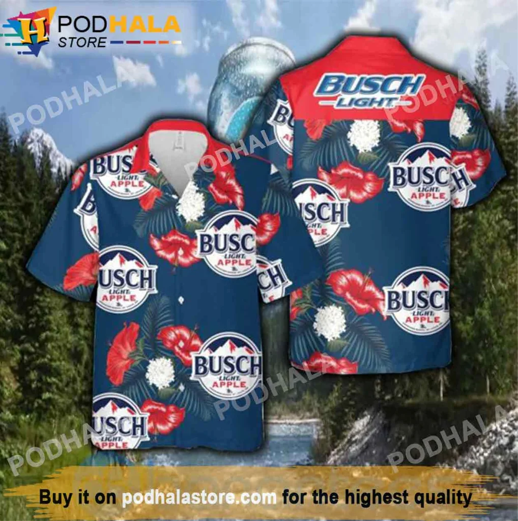 Tropical Apple Beer Lover Hawaiian Shirt, Busch Light Logo And Hibiscus Flowers