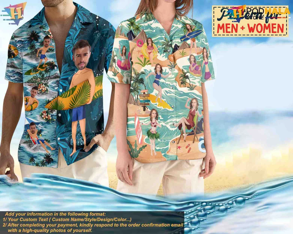 Tropical Beach Aloha Shirt With Surfing And Sunbathers Design