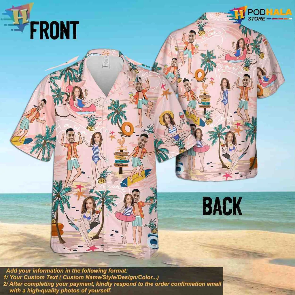 Tropical Beach Cartoon Aloha Shirt With Fun Characters And Bright Colors Tropical Beach Cartoon Aloha Shirt With Fun Characters And Bright Colors