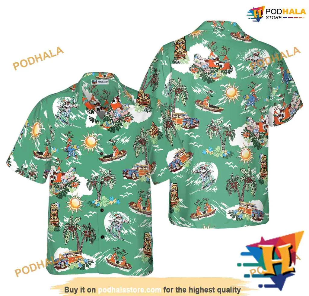 Tropical Beach Christmas Hawaiian Shirt With Surfboards And Palm Trees