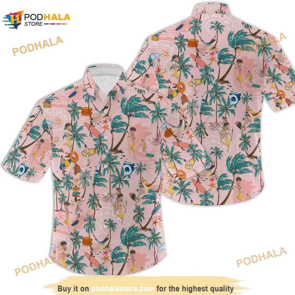 Tropical Beach Summer Hawaiian Shirt With Palm Trees And Surfboards