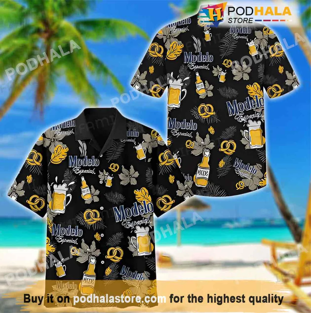 Tropical Beer Lover Hawaiian Shirt, Modelo Leaves Beer Mug Design For Summer Fun