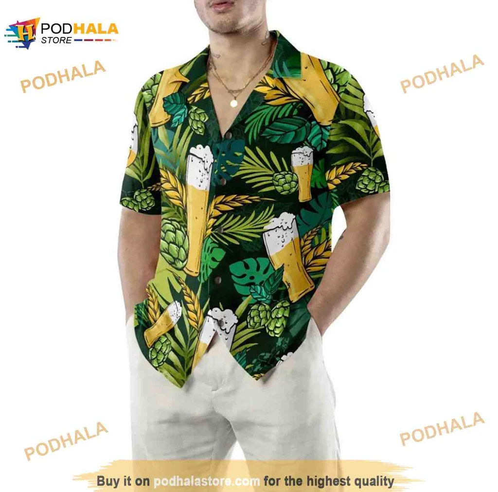 Tropical Beer Lovers Hawaiian Shirt With Vibrant Green Leaves And Beer Mugs