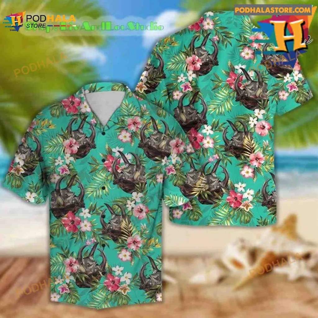 Tropical Beetle Floral Hawaiian Shirt With Colorful Hibiscus And Teal Background