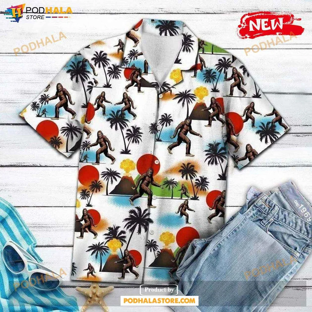 Tropical Bigfoot Aloha Shirt, Vibrant Summer Design With Palm Trees And Sunsets