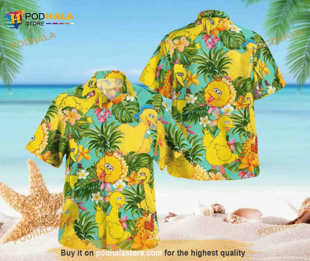 Tropical Birds Aloha Shirt, Vibrant Yellow Hawaiian Shirt With Palm Leaves