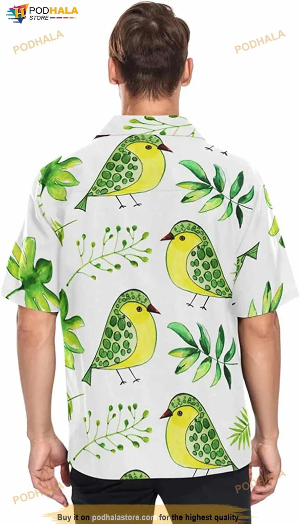 Tropical Birds Floral Hawaiian Shirt With Green Leaves And Whimsical Design