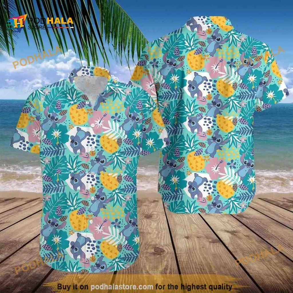 Tropical Blue Alien Aloha Shirt With Colorful Pineapples And Flowers