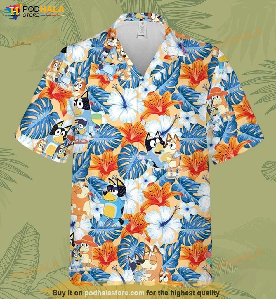 Tropical Bluey Cartoon Aloha Shirt, Vibrant Hawaiian Print With Playful Characters
